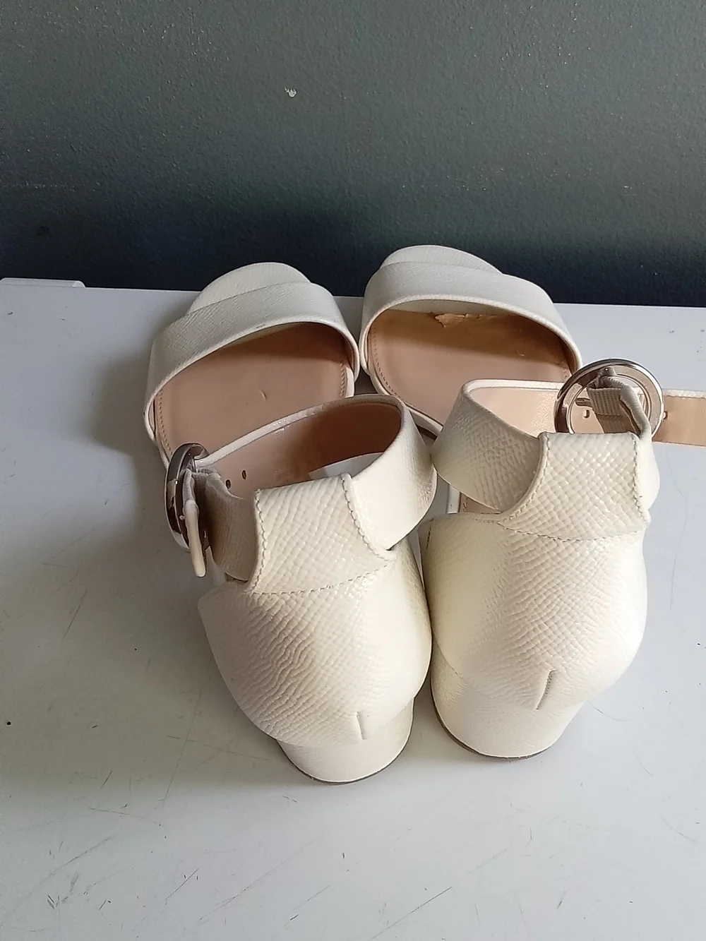Michael Kors Cream Textured Block Heel Ankle Strap Sandal Off White Silver Buckl
